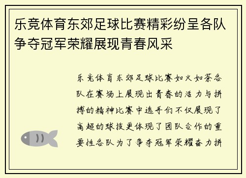 乐竞体育东郊足球比赛精彩纷呈各队争夺冠军荣耀展现青春风采