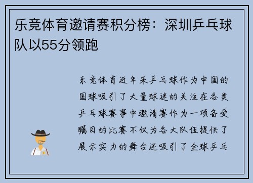 乐竞体育邀请赛积分榜：深圳乒乓球队以55分领跑
