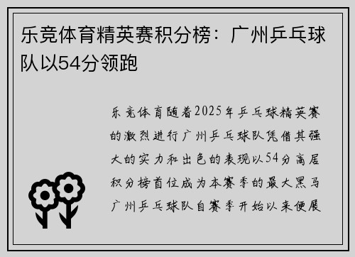 乐竞体育精英赛积分榜：广州乒乓球队以54分领跑