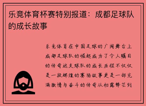 乐竞体育杯赛特别报道：成都足球队的成长故事