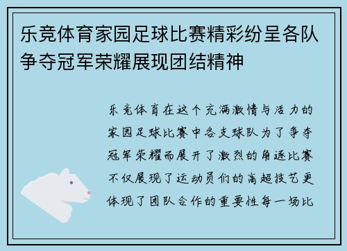乐竞体育家园足球比赛精彩纷呈各队争夺冠军荣耀展现团结精神